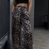 Pantalones anchos de cintura alta - Estampado de leopardo - Cómodos y fluidos - Bolsillos laterales