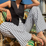 Pantalones anchos para mujer - Cintura alta - Estampado de cuadros - Tejido ligero y transpirable
