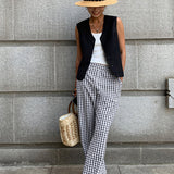 Pantalones anchos para mujer - Cintura alta - Estampado de cuadros - Tejido ligero y transpirable