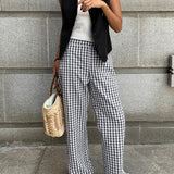 Pantalones anchos para mujer - Cintura alta - Estampado de cuadros - Tejido ligero y transpirable