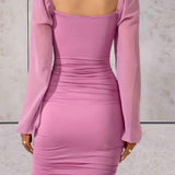 Vestido mini para mujer - Corte ajustado - Mangas largas abullonadas - Escote cuadrado plisado