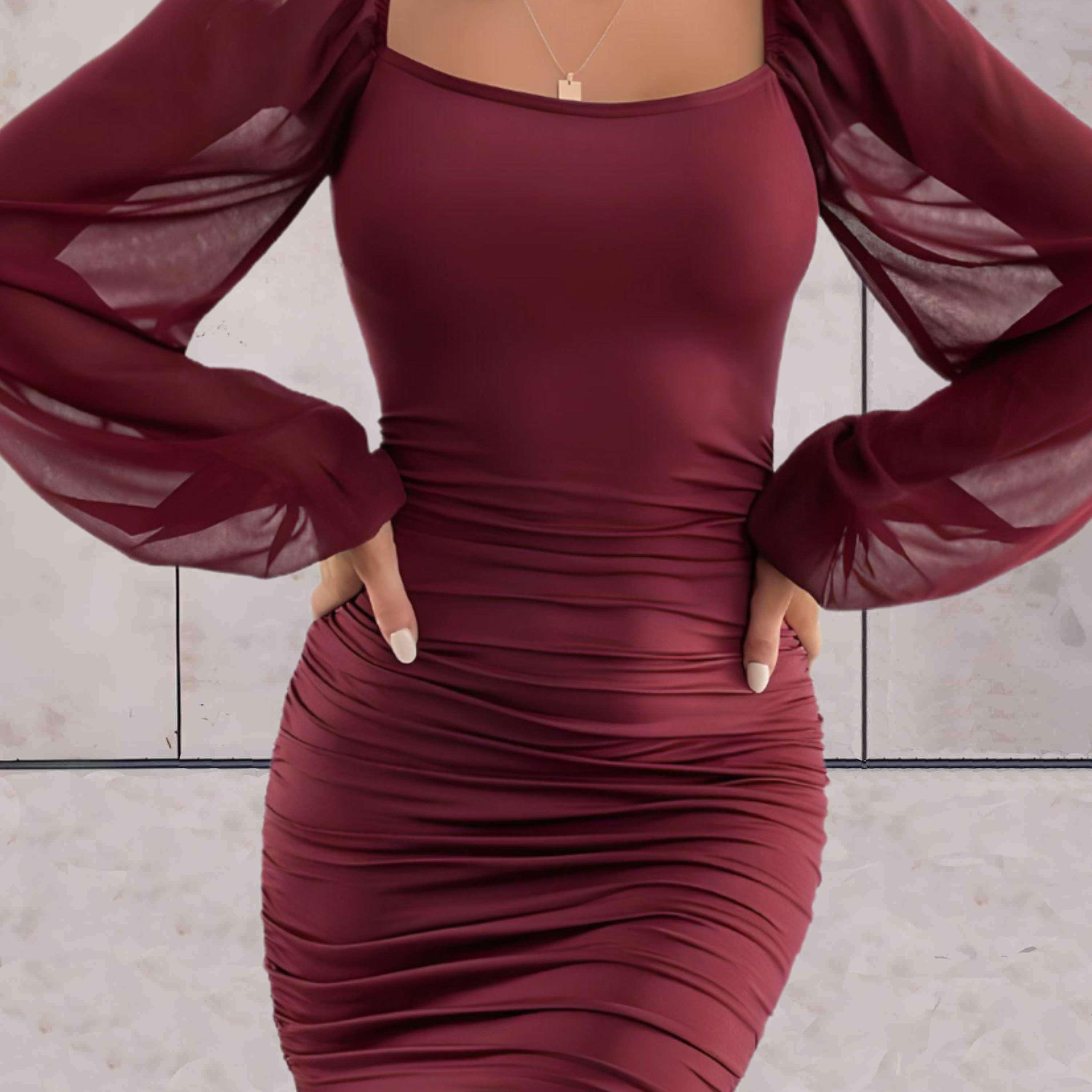 Vestido mini para mujer - Corte ajustado - Mangas largas abullonadas - Escote cuadrado plisado