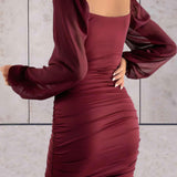 Vestido mini para mujer - Corte ajustado - Mangas largas abullonadas - Escote cuadrado plisado
