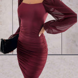 Vestido mini para mujer - Corte ajustado - Mangas largas abullonadas - Escote cuadrado plisado