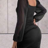 Vestido mini para mujer - Corte ajustado - Mangas largas abullonadas - Escote cuadrado plisado