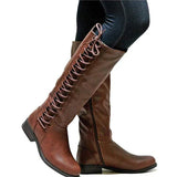 Botas hasta la rodilla para mujer – Corte ajustado – Cordones delanteros – Suela plana con cremallera
