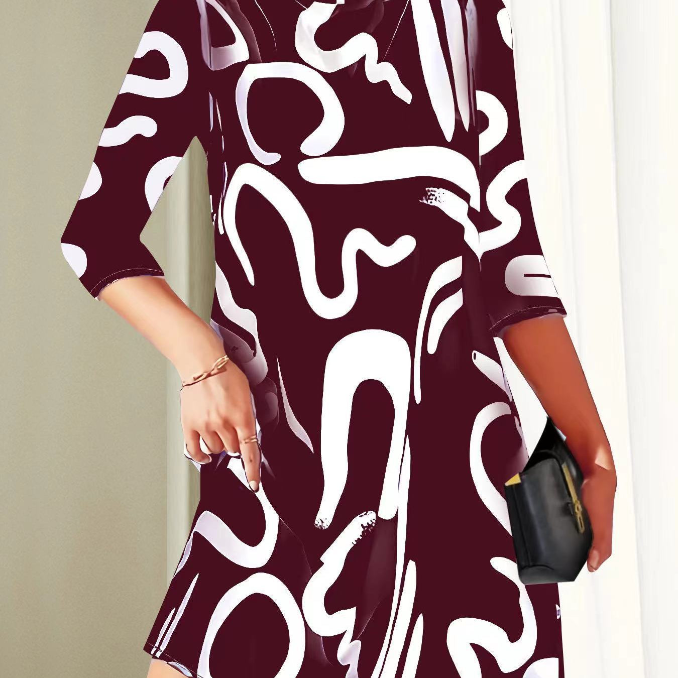 Minivestido para mujer – Corte holgado – Cuello alto – Mangas 3/4 – Tejido suave y transpirable