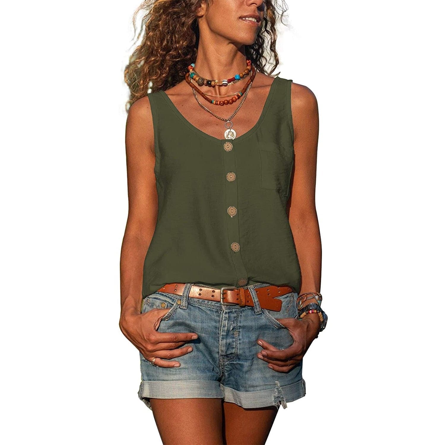 Top de mujer - Sin mangas - Abotonado - Corte holgado - Estilo casual