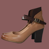 Zapatos de tacón cuadrado para mujer – Piel lisa – Correa en el tobillo – Elegante punta redonda