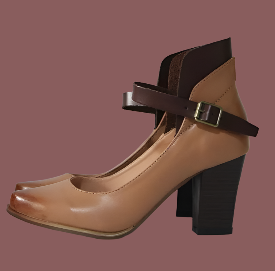 Zapatos de tacón cuadrado para mujer – Piel lisa – Correa en el tobillo – Elegante punta redonda