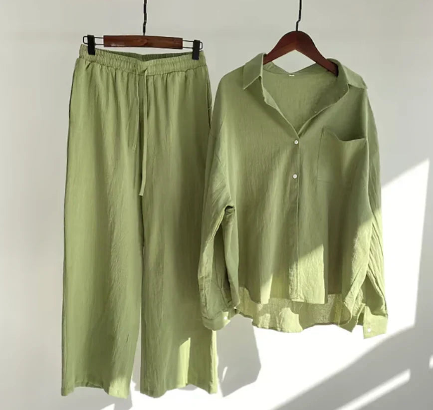 Conjunto de mujer coordinado – Camisa holgada y pantalón ancho – Algodón transpirable