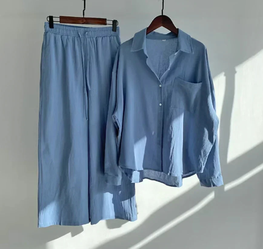 Conjunto de mujer coordinado – Camisa holgada y pantalón ancho – Algodón transpirable
