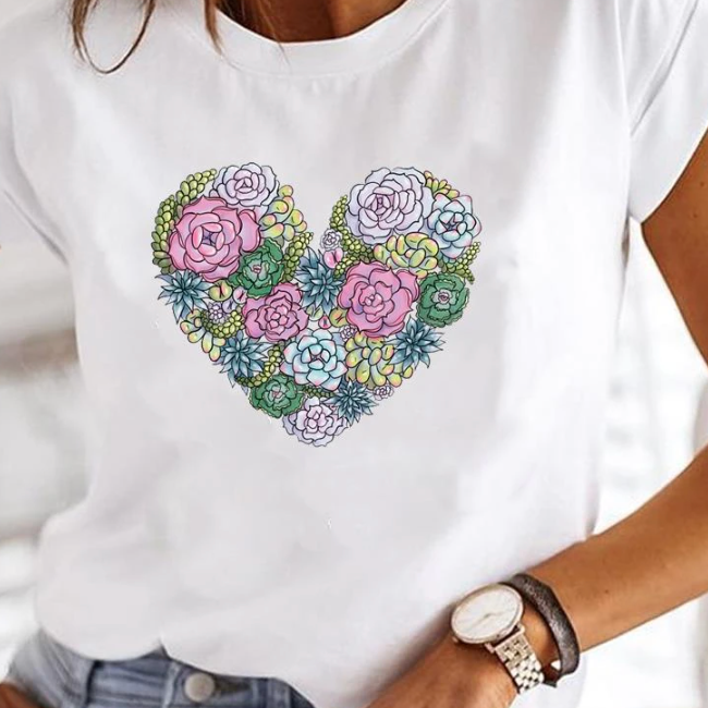 Camiseta de mujer – Corte holgado – Punto suave – Mangas cortas – Estampado de corazones