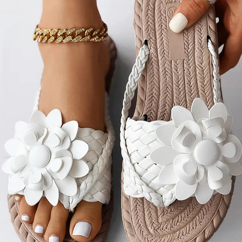 Sandalias de mujer - Tira ancha cómoda - Detalle floral - Suela trenzada antideslizante