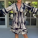 Vestido de mujer - Escote en pico - Mangas 3/4 con volantes - Talle imperio - Corte corto y fluido