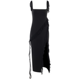 Vestido de mujer - Escote cuadrado - Tirantes con volantes - Corte ajustado - Bajo asimétrico