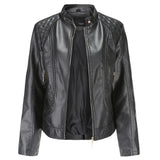 Chaqueta de cuero para mujer – Corte entallado – Hombros acolchados – Cuello alto – Bolsillos con cremallera