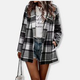 Abrigo tipo cárdigan de mujer – Corte oversize – Efecto lana – Estampado de cuadros – Manga larga