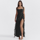 Vestido de mujer - Escote cuadrado - Tirantes con volantes - Corte ajustado - Bajo asimétrico