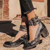 Zapatos de salón para mujer – Tacón cuadrado estable – Punta redonda – Correa de tobillo con doble hebilla