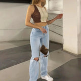 Top corto sin mangas para mujer - Ajustado - Estilo patchwork - Bordes sin rematar de moda