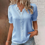 Blusa de mujer – Corte holgado – Mangas abullonadas – Cuello en V de encaje – Tejido transpirable