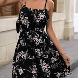 Vestido de mujer - Estampado floral - Tirantes finos ajustables - Cintura elástica - Corte acampanado