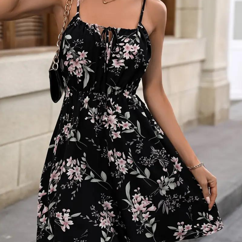 Vestido de mujer - Estampado floral - Tirantes finos ajustables - Cintura elástica - Corte acampanado