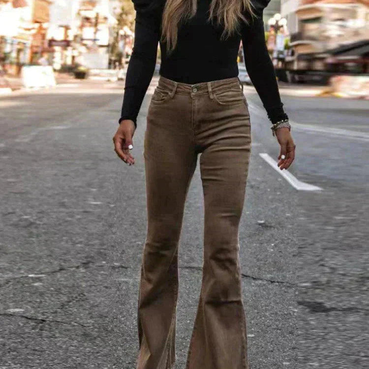 Pantalones de mujer - Pana - Cintura alta - Corte ajustado - Pantalones de campana