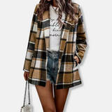 Abrigo tipo cárdigan de mujer – Corte oversize – Efecto lana – Estampado de cuadros – Manga larga