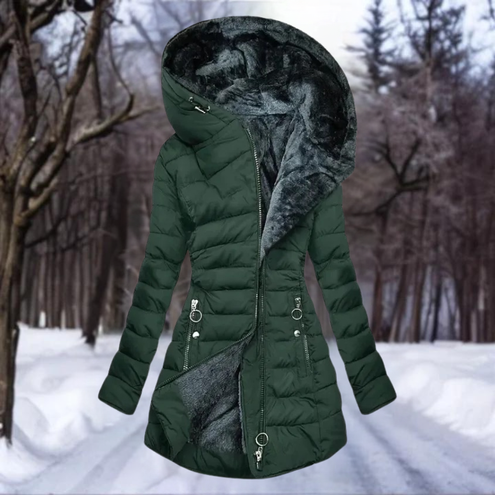 Abrigo de invierno de mujer elegante, suave y funcional.