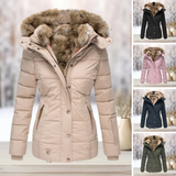 Abrigo de invierno con capucha de piel sintética para mujer, elegante y cómodo.