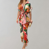 Vestido camisero para mujer - Estampado floral - Mangas cortas - Cinturón - Abotonado