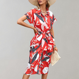 Vestido camisero para mujer - Estampado floral - Mangas cortas - Cinturón - Abotonado