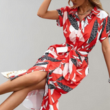 Vestido camisero para mujer - Estampado floral - Mangas cortas - Cinturón - Abotonado