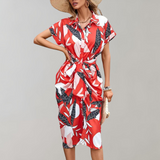 Vestido camisero para mujer - Estampado floral - Mangas cortas - Cinturón - Abotonado