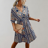 Vestido bohemio para mujer - Corto - Cuello en V - Mangas 3/4 - Estampado paisley