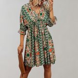 Vestido bohemio para mujer - Corto - Cuello en V - Mangas 3/4 - Estampado paisley