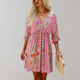 Vestido bohemio para mujer - Corto - Cuello en V - Mangas 3/4 - Estampado paisley