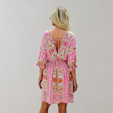 Vestido bohemio para mujer - Corto - Cuello en V - Mangas 3/4 - Estampado paisley