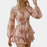 Vestido cruzado para mujer - Mangas largas - Cuello en V - Cinturón - Estampado floral