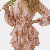 Vestido cruzado para mujer - Mangas largas - Cuello en V - Cinturón - Estampado floral