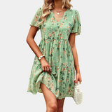 Vestido de mujer - Estampado floral - Cuello en V - Mangas cortas con volantes - Corte acampanado
