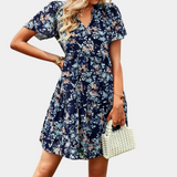 Vestido de mujer - Estampado floral - Cuello en V - Mangas cortas con volantes - Corte acampanado