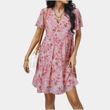 Vestido de mujer - Estampado floral - Cuello en V - Mangas cortas con volantes - Corte acampanado