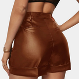 Shorts de mujer - Cintura alta - Elegante piel sintética - Corte ajustado - Bajo enrollado