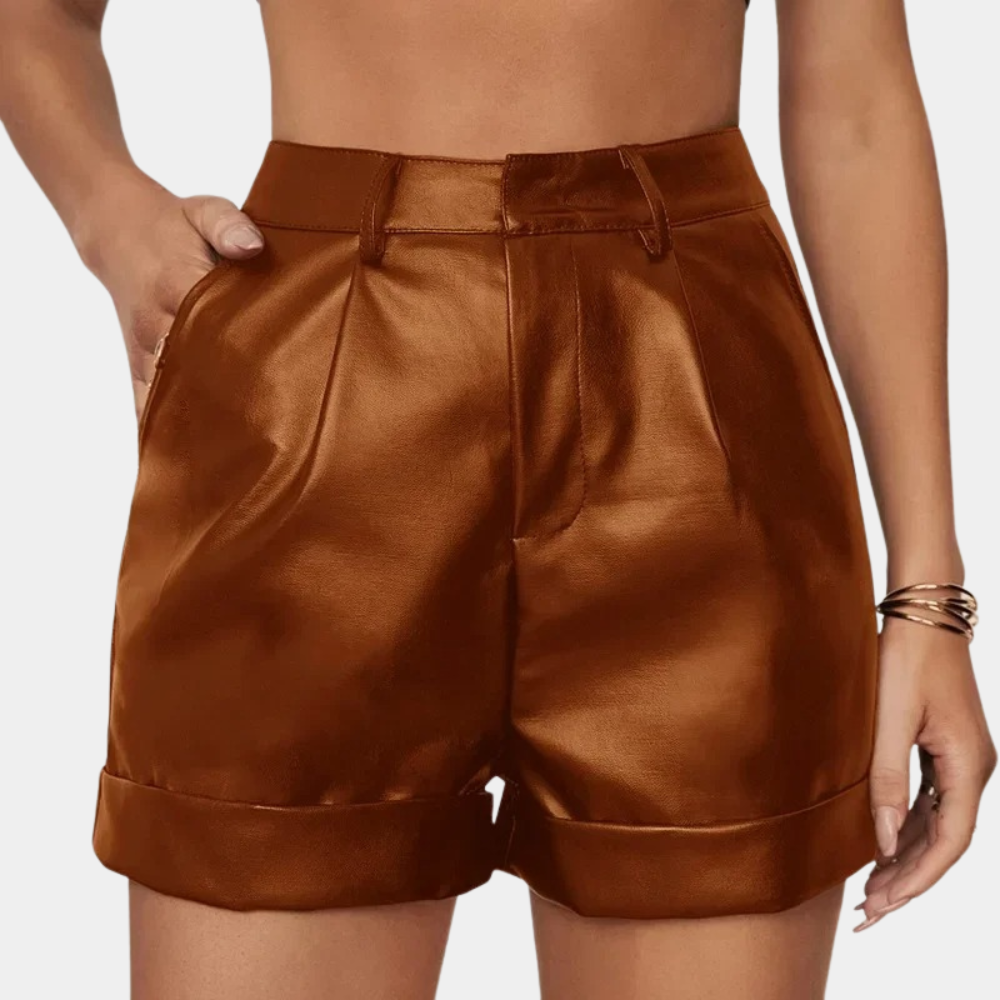 Shorts de mujer - Cintura alta - Elegante piel sintética - Corte ajustado - Bajo enrollado