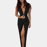 Vestido de noche para mujer - Escote en V profundo - Abertura - Sin mangas - Detalle fruncido