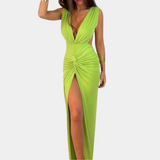 Vestido de noche para mujer - Escote en V profundo - Abertura - Sin mangas - Detalle fruncido