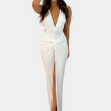 Vestido de noche para mujer - Escote en V profundo - Abertura - Sin mangas - Detalle fruncido